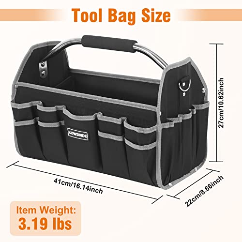 Kowsinde 16 Inch Tool Bag, Electrician Tool Bag, Open Top Tool Bags, 26 Pockets Can Hold Many Tools, Steel Handle and Removable Shoulder Strap - color: Grey
