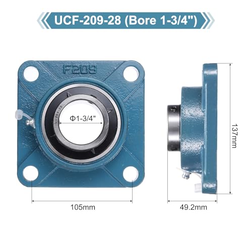 uxcell 2 Pcs UCF-209-28 Pillow Block Bearings 1-3/4 Inch Bore Self Alignment Chrome Steel Bearing Units, 4-Bolt Square Flange Mounted, Solid Base - size: UCF-209-28