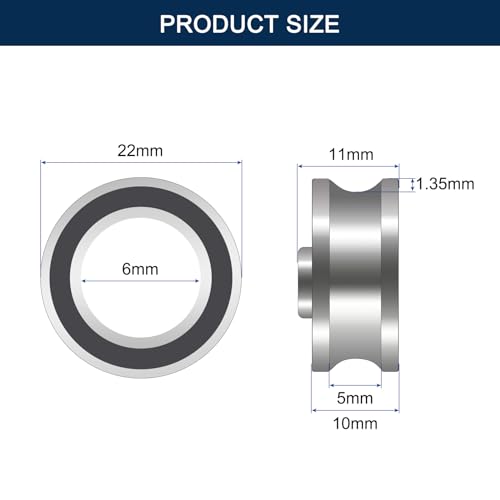SG66 Deep U Groove Ball Track Guide Bearing, ID 6mm x OD 22mm x Width 10/11mm Double Sealed Pre-Lubricated (GCr15) Chrome Steel for 6mm Rails 4pcs - size: SG66