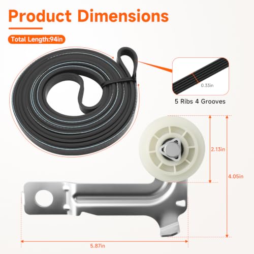 Dryer Idler Pulley and 94” Drum Drive Belt Compatible with Whirlpool Kenmore Maytag KitchenAid MEDB200VQ1 MEDB850WQ0 Replace#: W10136934 W10547292