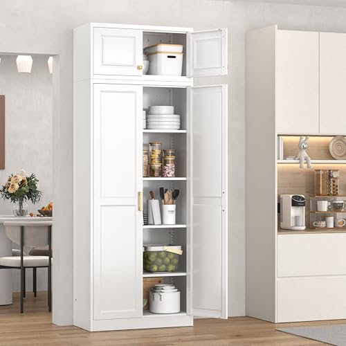 86" Tall Pantry Cabinet, Metal Storage Cabinet with Doors - color: White, size: 86"H-Square