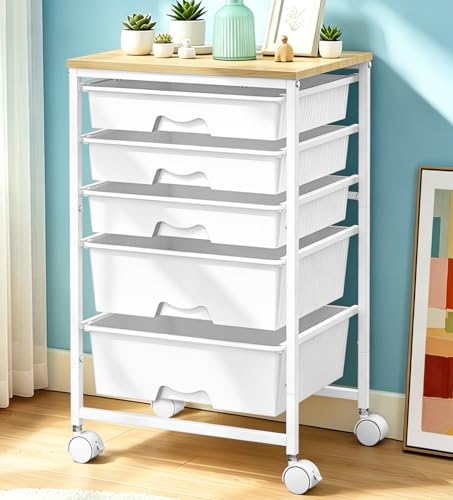 SUNALLY Rolling Carts With 5 Drawers, Storage Drawer Carts for Craft, White - color: White