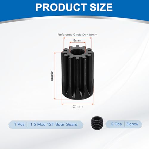 uxcell 1.5 Mod 12T Spur Gear 8mm Bore, 1045 Steel Pinion Gear, Black - size: 1.5 Mod 12T, 8mm
