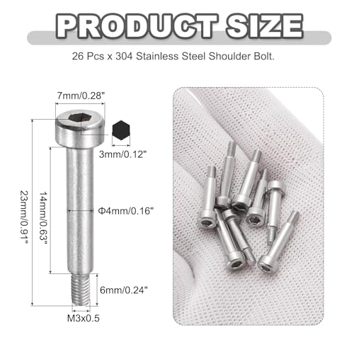 MECCANIXITY 26 Pcs 304 Stainless Steel Shoulder Bolt 4mm Shoulder Dia 14mm Shoulder Length M3x0.5 Thread Hex Socket Shoulder Bolts for Hydraulic Injection Molding Machinery Industries - size: 4mm x 14mm