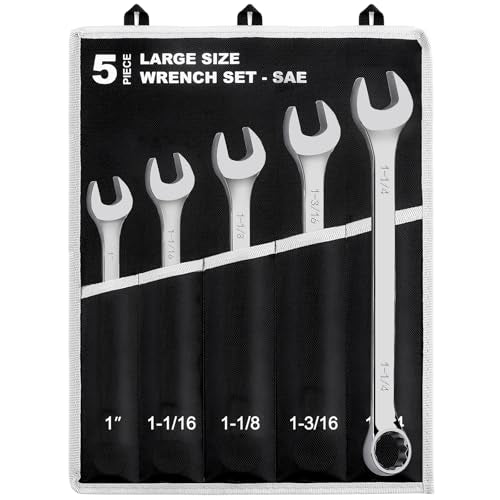 EFFICERE 5-Piece SAE Large Size Add-on Combination Wrench Set, 1”, 1-1/16, 1-1/8, 1-3/16, 1-1/4” | Chrome Vanadium Steel, Long Pattern, 12-Point | Great for Auto, Truck, Tractor and Machinery Repairs - size: Large (1" to 1-1/4")
