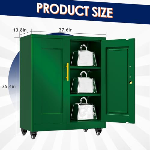 erosoei 35" H Metal Garage Storage Cabinet, Rolling Tool Cabinet with 2 Doors and Wheels, Locker Steel Cabinet with 2 Adjustable Shelves, Organization Cabinet for Garage,Office,Home,Gym,School(Green) - color: Green, size: 35" NCasNLck