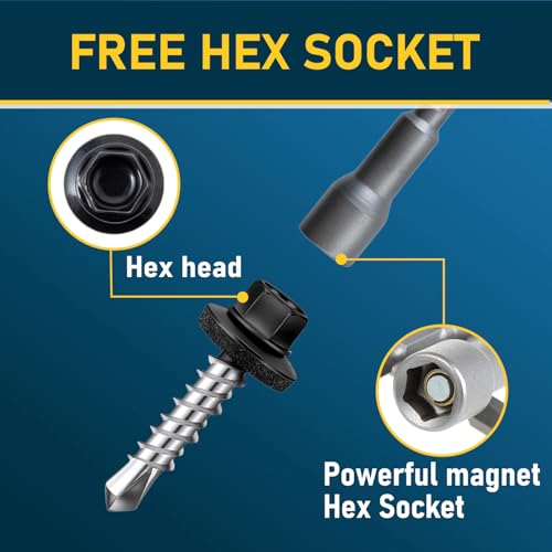 300Pcs #10 x 1 Inch Metal Roofing Screws, Black Hex Head Drill Point Sheet Metal Roof Screw with Rubber Washer, EPDM Washer, with Hex Drive Bit. - color: Black, size: #10 x 1 Inch