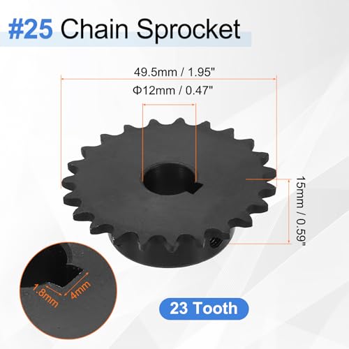 uxcell #25 Chain Roller Sprocket 12mm Bore 49.5mm OD, 23 Tooth C45 Carbon Steel ANSI #25 Roller Sprocket Round Hole with 4x1.8mm Keyway & Set Screws for ISO 04C Chain, Black - size: 12mm Bore 49.5mm OD, 23 Tooth, 4x1.8mm Keyway
