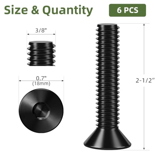 6 PCS 3/8"-16 x 2-1/2" Flat Head Socket Cap Screws Bolts, Countersunk Allen Bolts, 10.9 Grade Carbon Steel, Full Thread, Black Coating, Screwdriver Included - color: Black, size: 3/8"-16 x 2-1/2"