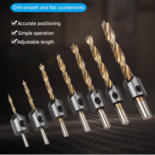 7PCS 3-10mm Round Shank Titanium Coated Countersink Drill Bit Set Replacement Three Point Drill Set Carpentry Boring Tool Woodworking Tool with Hexagon - size: 7 PCS Titanium Coating