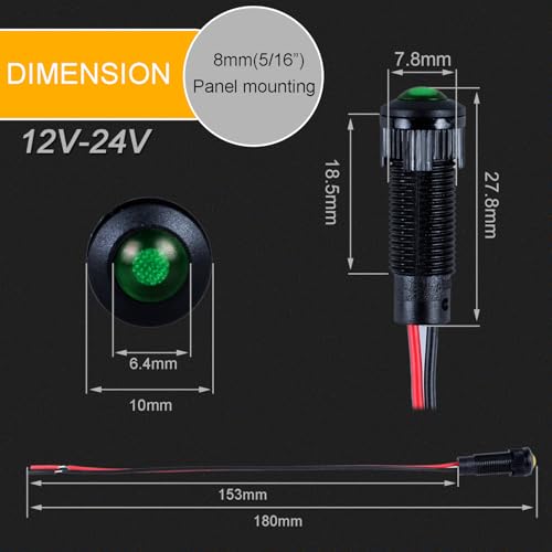 5pcs 8mm LED Indicator Light Plastic Black Signal Dot Lamp 12V-24V 5/16" Mounting Hole Size with 15cm/5.9in. Wire (Green LED) - color: Green, size: 8mm 12-24V