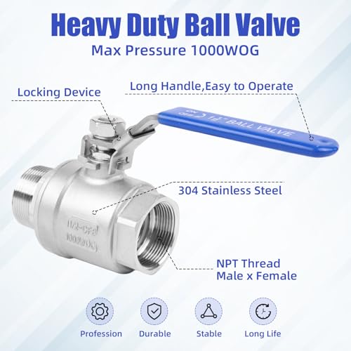 YADIAN 2 Pack 1-1/2'' Ball Valve Full Port NPT Male x Female, 304 Stainless Steel Heavy Duty Shut Off Valve with Blue Vinyl Insulation Handle and Locking Device for Water, Oil, and Gas, 1000WOG - size: 1-1/2''