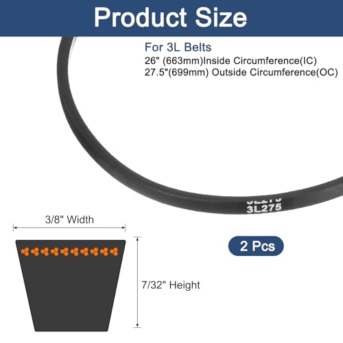 uxcell 2Pcs 3L275 Classic Wrapped Rubber V-Belt, 27.5"(699mm) Outside Circumference, 3L Profile V Belt 3/8" Width 7/32" Height - size: 3L275