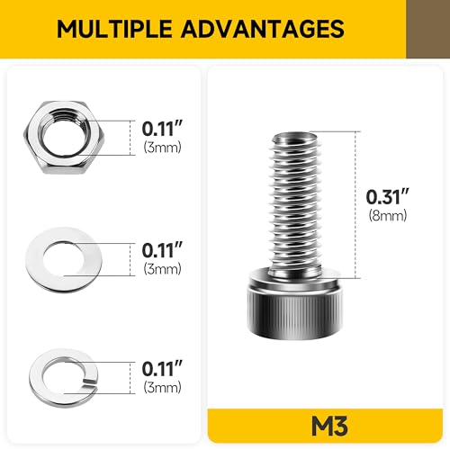 Mywish (100Sets) M3 Screws, M3 x 8mm Socket Head Cap Screws Bolts, 304 Stainless Steel Allen Socket Hex Drive Bolts, Bright Finish Screw Kit with Nuts and Washers & Hex Spanner - size: M3 x 8mm