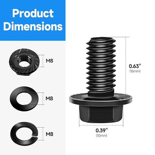 (10Sets) M8 Bolt x 16mm Flanged Hex Head Bolts, External Flange Hex Drive M8 Screws, Class 10.9 Black Zinc Plated Alloy Steel Metric M8x1.25 Bolts Kit - color: Black-M8, size: 16mm