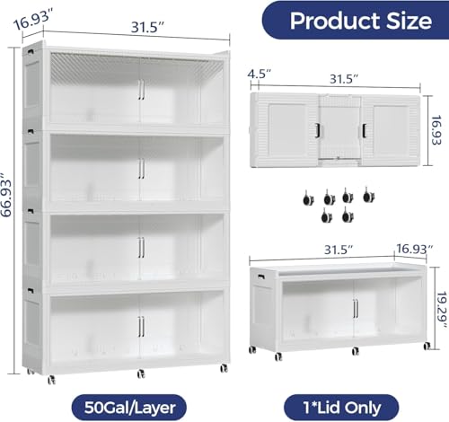 200GAL Extra Large Storage Bins with Lid, 800QT Collapsible Organizer with Wheels, Stackable Closet Cabinet with Doors, Folding Storage Containers for Home, Office, Kitchen, 4Pack White - color: White Clear, size: 50Gal-4Pack