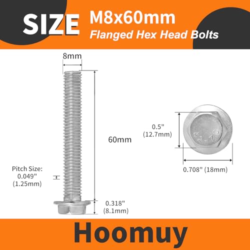 M8 x 60mm 8pcs Heavy Duty Flanged Hex Head Bolts, Flange Hexagon Head Screws, Stainless Steel 304, Metric Fully Threaded, Bright Finish - size: M8 x 60mm(8pcs)