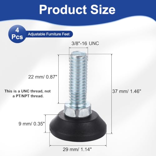 uxcell 3/8"-16 Thread Furniture Feet Levelers, 4Pcs 22mm l Adjustable Furniture Feet Screw in Threaded Leveling Leg Screw on Chair Foot Glides Leveling for Table Chair Cabinet Black - size: 3/8"-16 22mm