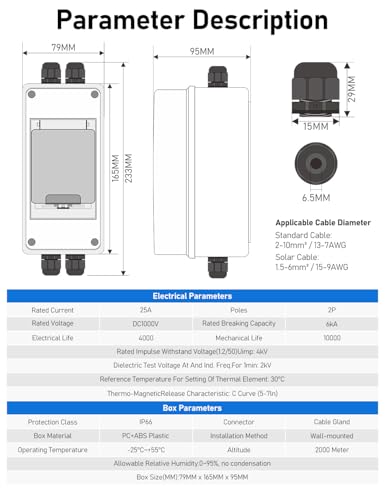 DIHOOL Solar Junction Box 25 Amp DC Circuit Breaker with DIN Rail Enclosure