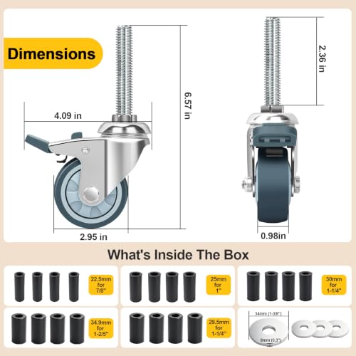 2 Inch Expanding Stem Caster Wheels with Locking Brake Set of 4 - size: 2Inch