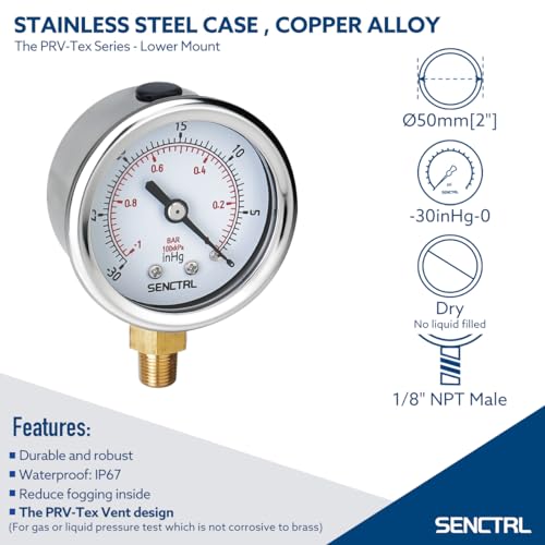 SENCTRL 30inHg Vacuum Pressure Gauge, 1/8" NPT Lower Mount - size: -30inHg-0, style: Lower Mount (1/8" NPT)