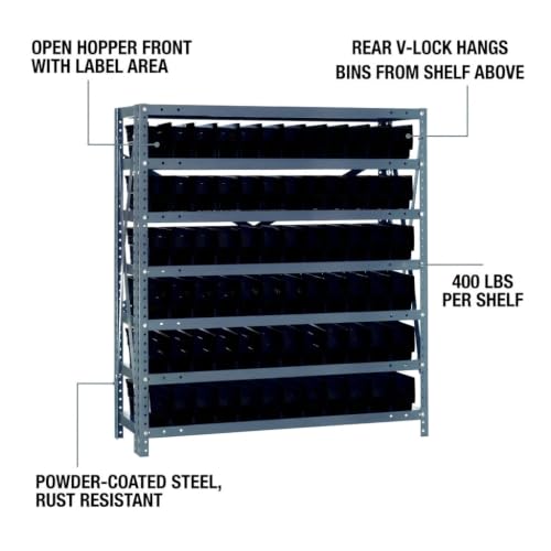 Quantum Storage Systems 1239-100BK Steel Shelving Unit with 4" Shelf Bins, 12" D x 36" W x 39" H, Black - size: 39" H x 36" W x 12" D, style: 12" L x 3" W x 4" H 72 Economy Black Bins