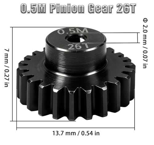 Hardened Steel 0.5M Pinion Gear 26T 2mm Shaft for RC Car/Helicopter Upgrade, Compatible with ARRMA 1/14 Typhoon 1/16 Mojave 1/18 Granite, Losi 1/12, 0.5Mod 13T-27T Gear for Brushed Brush-Less Motors - size: 26T