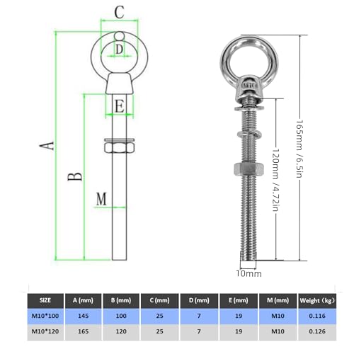 2-Pack M10x120mm 316 Stainless Steel Eye Bolt,Shoulder Eye Bolts 3/8"X 5" with Nuts and Open Spring Washer and Flat Washer,Thread Lifting Ring Heavy Duty Eyebolt for Wire Rope and Rigging Hardware