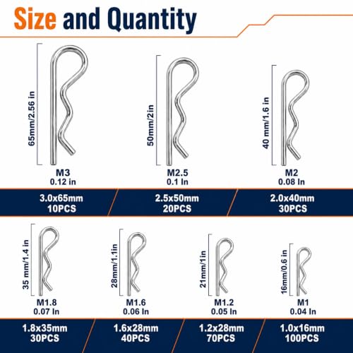 300 Pcs R-Clip Cotter Pin Assortment Kit, 304 Stainless Steel Hairpin Clips - size: 300pcs- Assortment kit