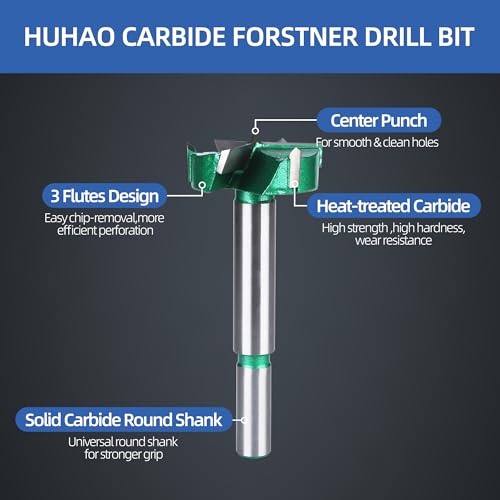 HUHAO 1-1/2" | 38mm Triple Flute Forstner Drill Bit, Tungsten Carbide Upgraded Drilling Hole Saw Woodworking Hinge Cutter Tool Kits for Wood,Plywood,Plastic,MDF - size: 38 mm
