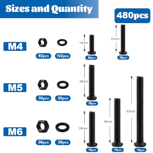 480pcs Machine Screws Assortment Kit M4M5M6 Pan Head 14/22/28/38/53 mm - size: M4M5M6 480PCS