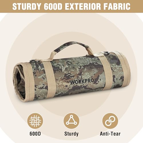 WORKPRO Roll Up Tool Bag, Tool Roll Organizer, 4 Pockets & 2 Pouches, Camo - color: Camo