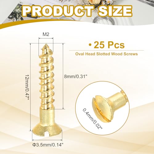 PATIKIL M2 x 12mm Slotted Wood Screw, 25 Pack Solid Brass Oval Head - size: M2x12mm