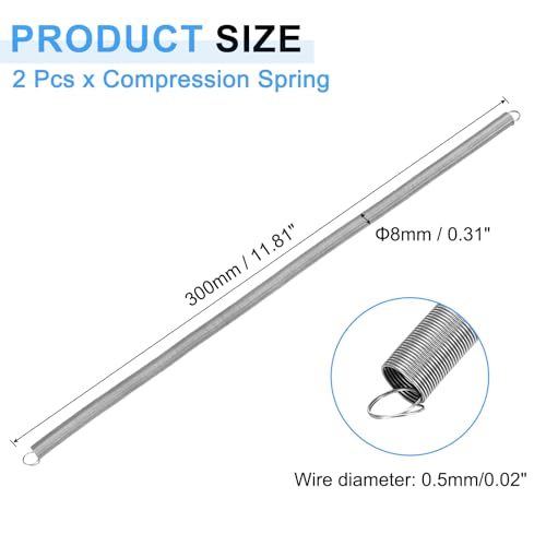 uxcell 2Pcs Extension Springs, 0.5x8x300mm/0.02x0.31x11.81in 304 Stainless Steel Extended Compression Spring Steel Dual Hook Tension Springs for Machinery Construction Home Repairs - size: 0.5x8x300mm