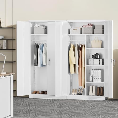 Greenvelly Metal Storage Cabinet with 2 Doors, White 72” Steel Storage Wardrobe Cabinet, Employees Locker Closet Clothing Coat Steel Wardrobe Cabinet with Hanging Rod for Garage, Gym, Home Office - color: White, style: 72"H-Locker