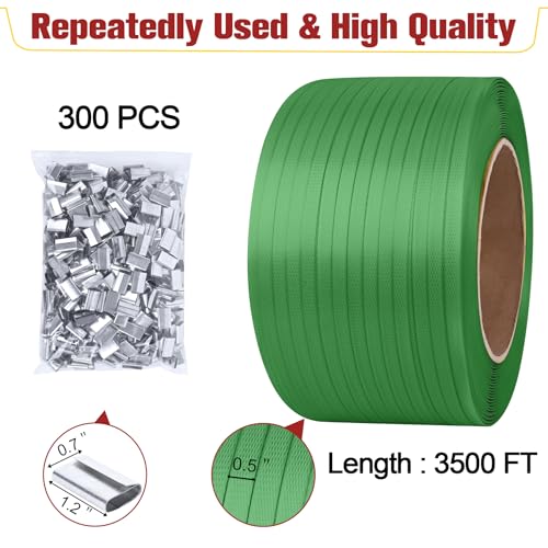 MYFAMIREA Heavy Duty Banding Strapping Kit with Tensioner Tool, 1/2"x 3500FT Green Polypropylene Plastic Packaging Strapping, 300 Metal Seals, Sealer Tool for Pallets, Logistics, Warehouse (Red) - style: Strapping Kit-Green
