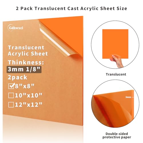 1/8 Thick 8 x 8 inch Translucent Acrylic Sheets - 2 Pack Colored Plexiglass Sheets for Creative DIY Projects Laser Cutting Engraving UV Printed Signs Crafts Badges (2, Orange, 8 x 8 inch) - color: Orange, size: 8x8 inch