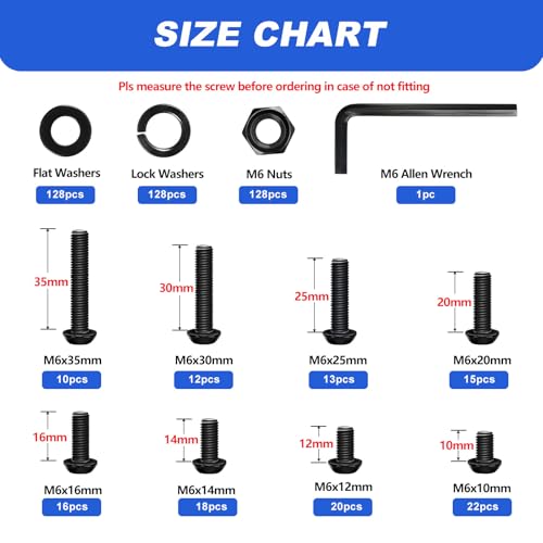 Besitu M6 Bolt Assortment Kit, 510Pcs M6 x 10/12/14/16/20/25/30/35mm Button Head Hex Socket Cap Screws Bolts Nuts Washer Assortment Kit 12.9 Grade Alloy Steel Black Galvanized - color: Black-M6 Bolt