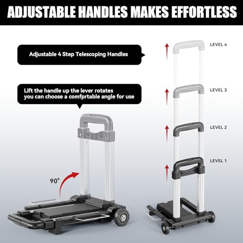 Mini Small Folding Hand Truck Dolly with 2 Tank Wheels, Expandable Base Plate Utility Luggage Cart with 1 Elastic Ropes, Portable Dolly Cart for School Travel Office Moving - color: Black