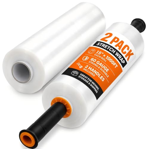 Plastic Wrap for Moving, 2 Pack 15 in x 1000 ft Shrink Wrap with 2 Handles