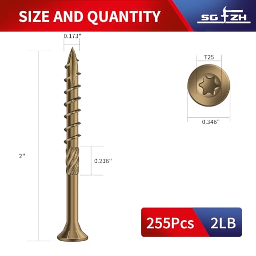 #8 x 2 Inch Deck Screws (255Pcs) 2lb. Carbon Steel, Yellow, Flat Head, Rust Resistant epoxy Coated, with T25 Star Bit - color: Yellow, size: #8 x 2"