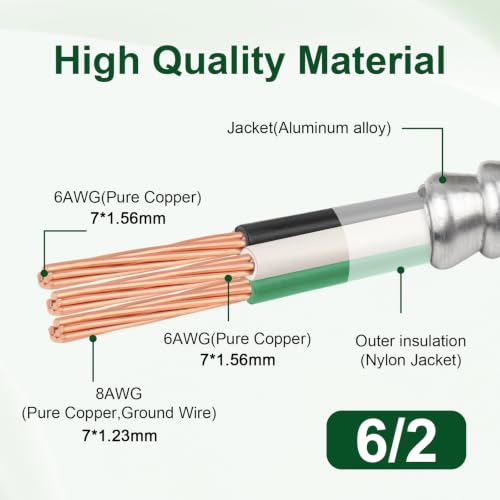 6/2 MC Cable 100 FT, Aluminum Armored Electrical Wire with Ground, 6 Gauge THHN/THWN Copper Conductors, 600V 90°C Dry Rated UL Listed - color: 100 FT, size: 6AWG/2