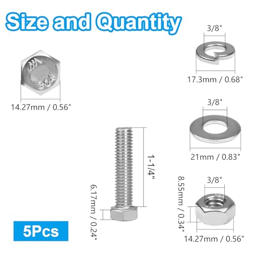 MroMax 8 Sets 3/8-16 x 1-1/4" Hex Head Screw Bolt, Nuts, Flat Washer & Spring Lock Washers Kits,Fully Threaded, Stainless Steel 18-8(304), Bright Finish - size: 3/8-16 x 1-1/4" (8 Sets)