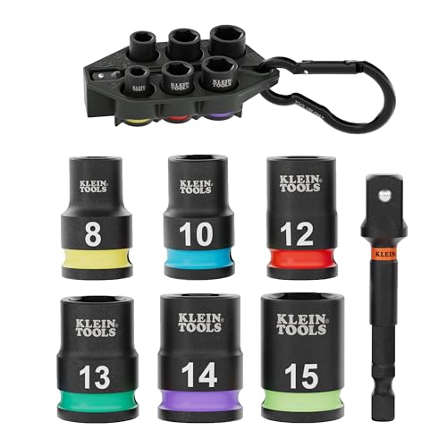 Klein Tools 33808M Grab-And-Go Impact Socket Set, Metric, 7-Piece Set with Sleeve, Carabiner, 3/8-Inch Drive, Color-Coded 8 mm, 10 mm, 12 mm, 13 mm, 14 mm, 15 mm Sockets - style: 7-Piece Metric