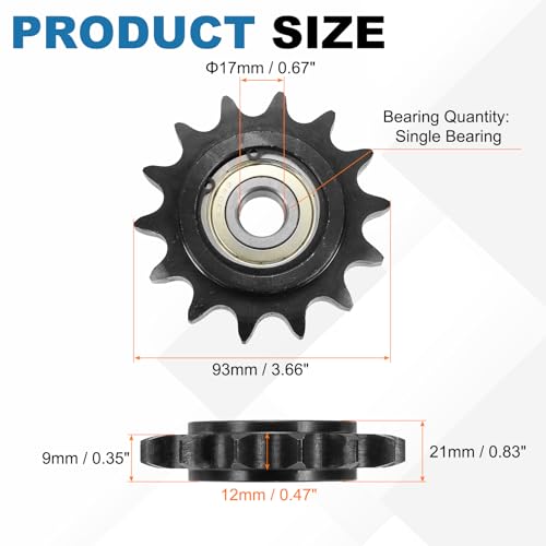 uxcell 2Pcs #60 Roller Chain Idler Sprocket, Type C 17mm Bore 3/4" Pitch 14 Tooth Tensioner, Black Oxide Finished 1045 Steel with Insert Single Bearing for ANSI #60 (DIN/ISO 12A) Chains - size: 17mm Bore 3/4" Pitch 14 Tooth