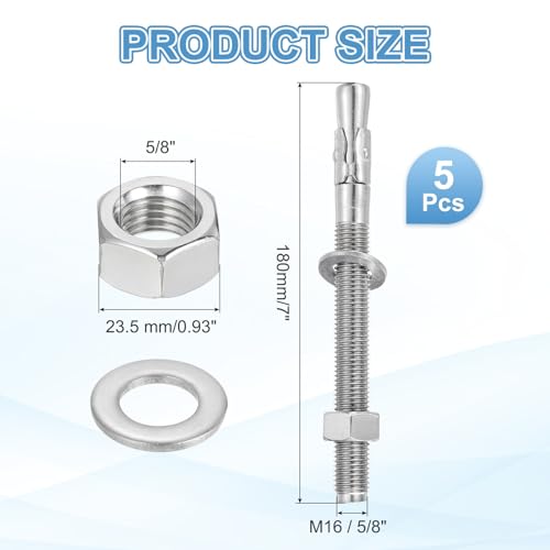 MECCANIXITY 5 Pcs Wedge Anchors, 5/8" x 7" Stainless Steel Concrete Anchors Bolts, Heavy Duty Standard Fastener for Cement Wall Base Bracket (Include Washers Nuts, Silver Tone) - size: 5/8" x 7"