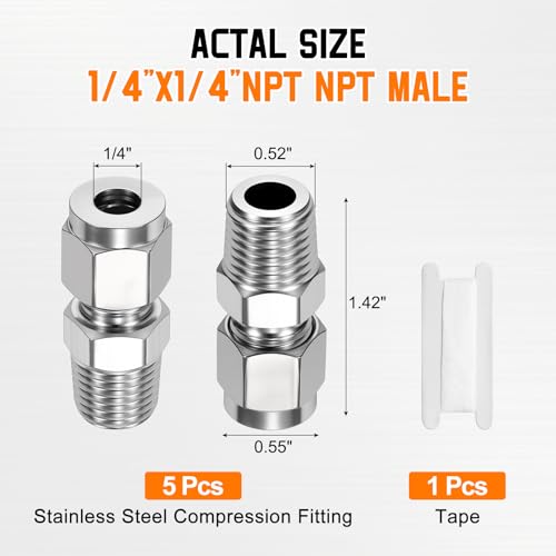 5 Pack 1/4"OD Compression x 1/4" NPT Male Union Coupling Connector - size: 1/4"ODx1/4" MNPT