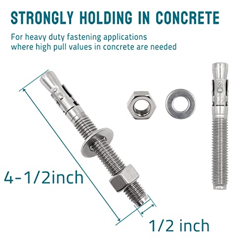 1/2 Concrete Anchors, Stainless Steel Wedge Anchors, 5 Pack - size: 1/2" x 4-1/2"