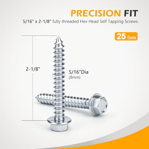 5/16" x2-1/8 Hex Head Self Tapping Screws 25 PCS,8.8 Carbon Steel - color: Silvery, size: Self Tapping 25 pcs
