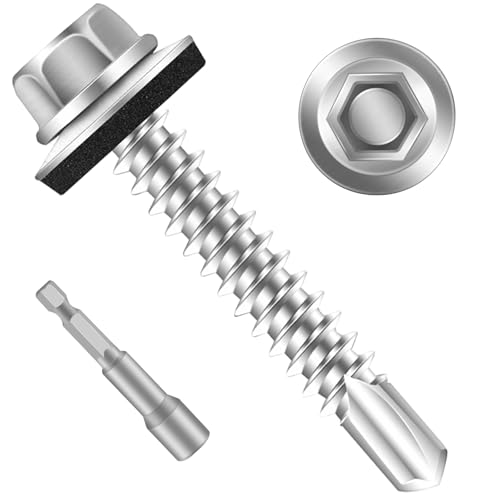 Mellewell #12 x 3 Self Drilling Metal Roofing Screws, Hex Head Sheet Metal Roof Screws with EPDM Washer, Hex Socket Included, 50 PCS - color: Silver, size: #12 x 3"